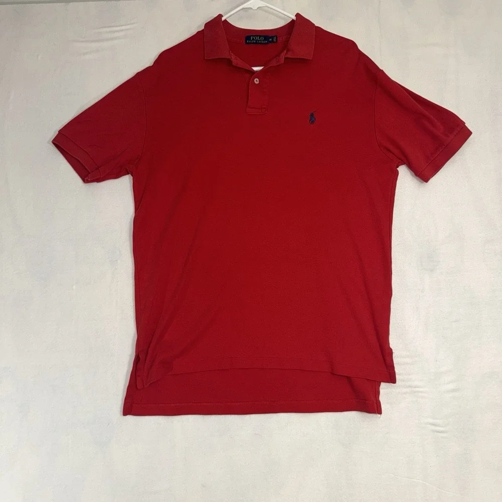 Men's Medium Polo Ralph Lauren Solid Red Polo With Navy Logo